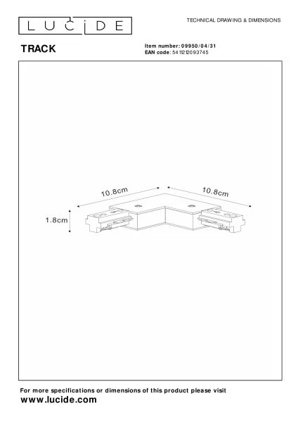 Lucide TRACK connecteur en L - Système de rail monophasé / Éclairage sur rail - Droit - Blanc (Extension) - technique